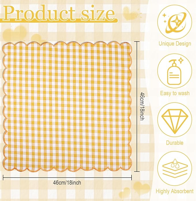 SmoothNovelty 12 Pack Buffalo Plaid Cloth Napkins 18x18 Inch Spring Checkered Cloth Napkins Scalloped Soft Cotton Table Mat Washable Reusable for Dinner Wedding Birthday Parties (Classic,Orange)