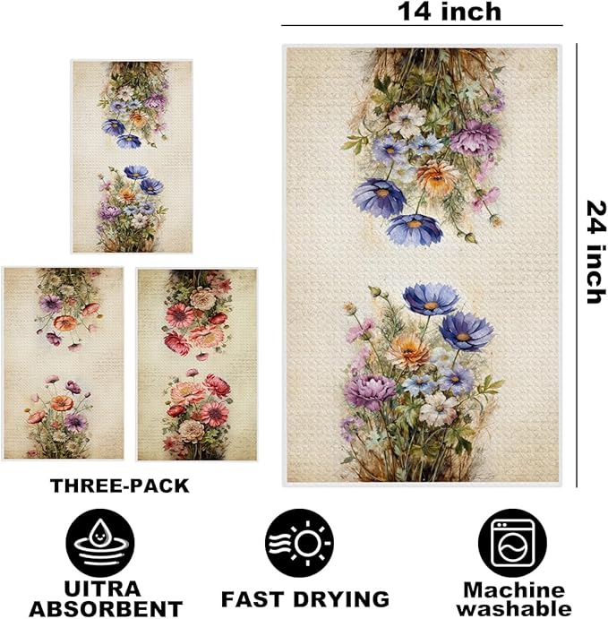 3 Pcs Vintage Floral Kitchen Towels, Vibrant Decorative Absorbent Microfiber Dish Cloth Tea Towel, Durable Waffle Hand Towels for Farmhouse Home Bathroom, Housewarming Gifts for Women