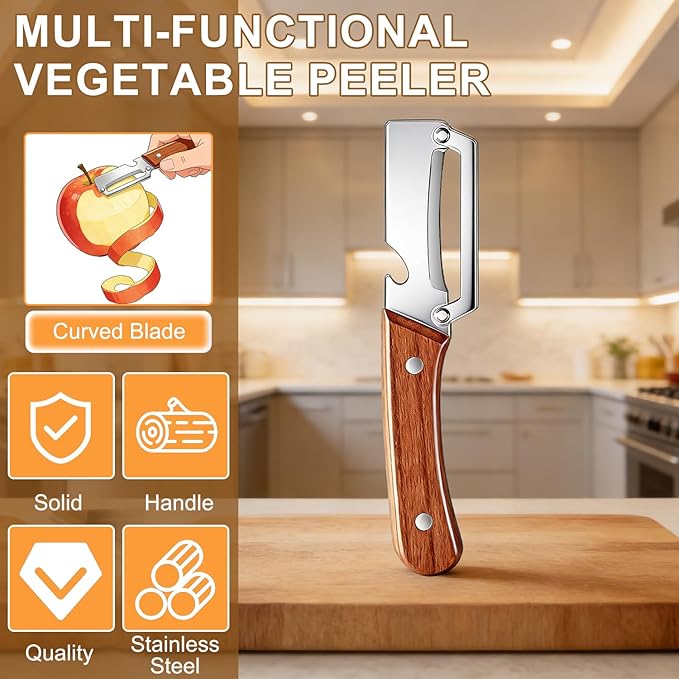 Multi-Functional Vegetable Peeler for Kitchen, With Wooden Handle and Bottle Opener, Comfortable and non-slip handle Stainless Steel Blade Easy to Clean for Fruit Potato Pumpkin Papaya (2 PCS)
