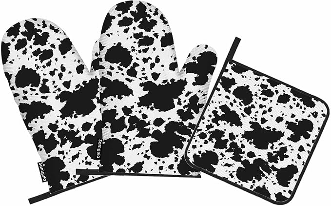 Black Brindle Oven Mitts and Pot Holders Sets Milk Cow Skin Spots Creative Heat Resistant 3pcs for Cooking Baking BBQ