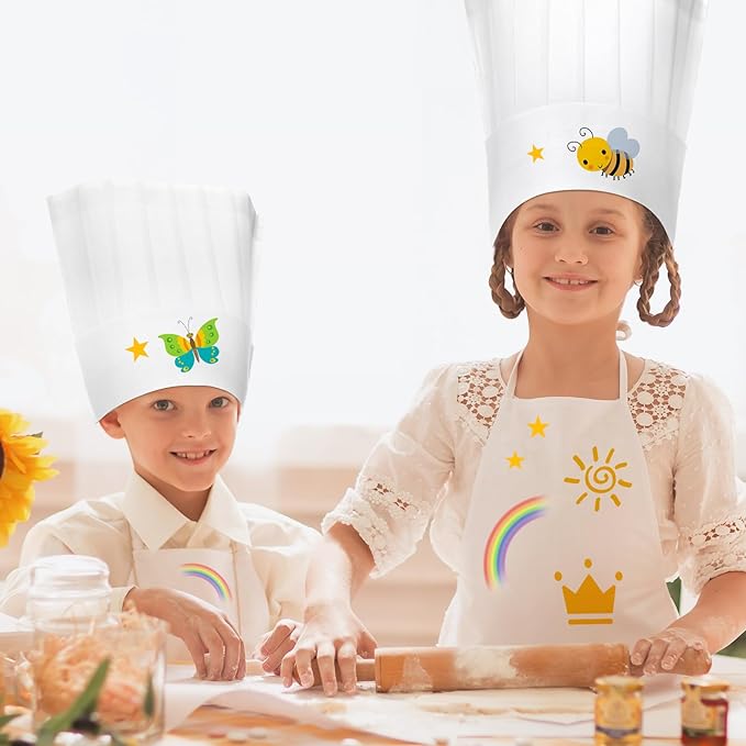 JaGely 60 Pcs Kids Chef Hat and Apron Set Chef Aprons and White Hats Non Woven Fabric Costume for Girls and Boys Cooking