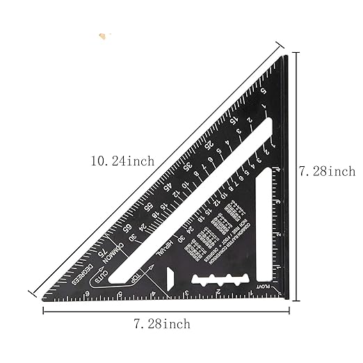 Beslands Carpenter Square 7 inch, Rafter Square Tool Metal Aluminum Alloy for Carpentry Layout Measuring Wood Square Triangle Right Angle 90 Degree Ruler Protractor Black Imperial, Framing Square