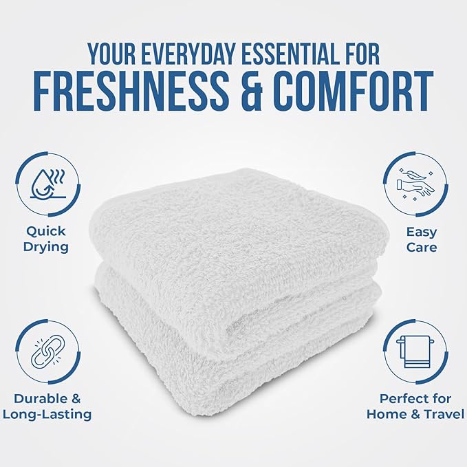 DAN RIVER 12 Pack Wash Cloths for Showering [12x12] - 100% Cotton Washcloths Premium Quality Flannel Face Cloths for Bathroom, Highly Absorbent and Soft Feel Wash Clothes, White