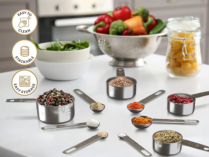 Stainless Steel Measuring Cups and Spoons Set 12 Piece Stackable Baking & Cooking Gadgets for Dry and Liquid Ingredients,Nesting Cups, Engraved Markings & Leveler,Dishwasher Safe Kitchen Tools