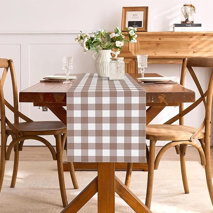 Khaki Gingham Table Runner Light Brown and White Checkered Birthday Wedding Baby Shower Party Decoration BBQ Picnic Home Kitchen Table Decor (Khaki, 13" x 90")