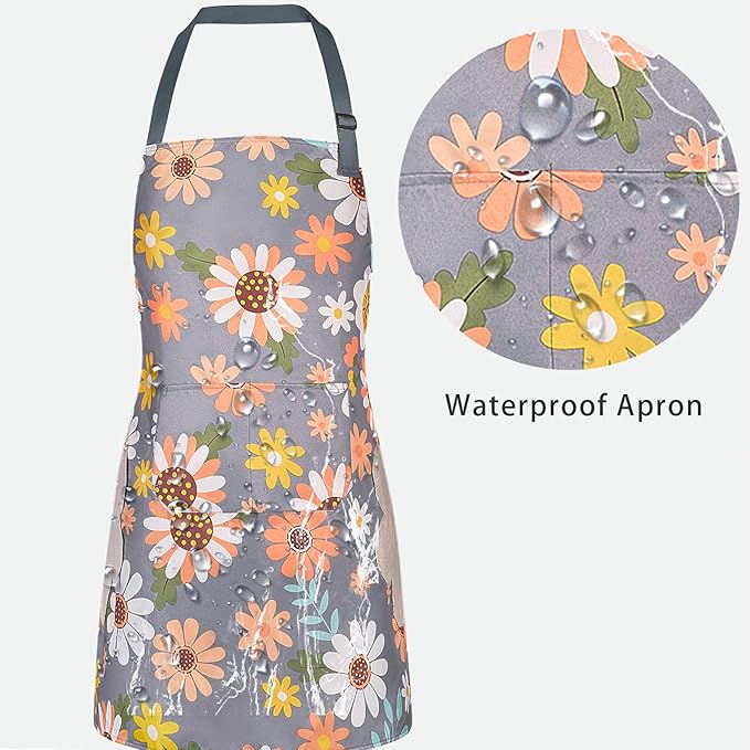 DILLMAN 2 Pack Floral Aprons with Pocket Blooming Womens Waterproof Adjustable Cooking Aprons Kitchen Gardening Salon