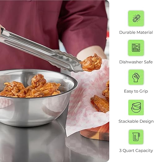 OCS Parts 3 Quart Mixing Bowl | 9.75-Inch Stainless Steel Professional Grade Flat Base Mixing Bowls for Home and Commercial Kitchens | Dishwasher Safe
