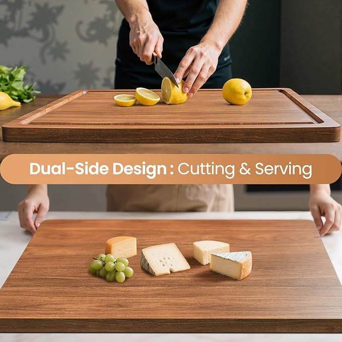 Acacia Wood Cutting Boards for Kitchen, 17x12 Inch Butcher Block with Deep Juice Grooves & Non-Slip Handle Reversible Chopping Board for Meat Cheese Vegetables