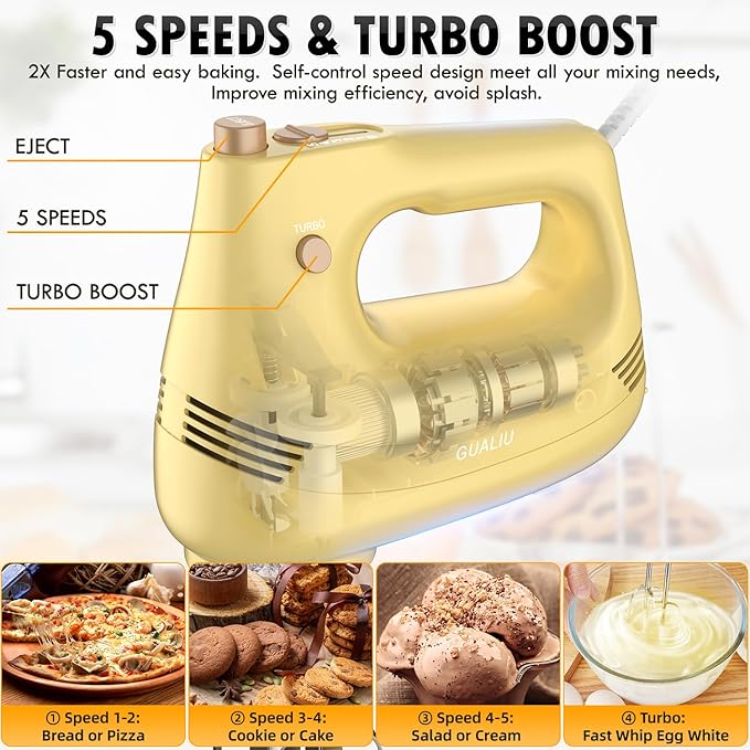 GUALIU Electric Hand Mixer with Stainless Steel Whisk, Dough Hook Attachment and Storage Bag, Handheld Mixer for Baking Cakes, Eggs, Cream Food Mixers. Turbo Boost /5 Speed Kitchen Blender Yellow