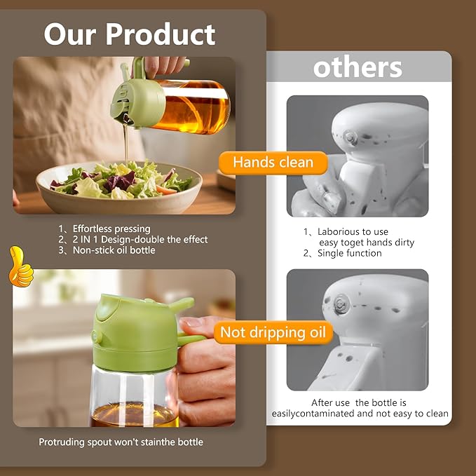 SWEET VIEW 2PCS Olive Oil Sprayer for Cooking, 16oz/470ml Glass Oil Dispenser/Pour Bottle, Kitchen Accessories, Kitchen Gadgets for Air Fryer, Salad, BBQ, with Stickers (Black,Green)