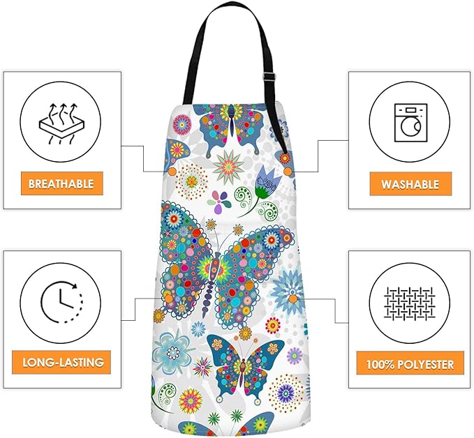Britimes Butterfly Apron Floral Colorful Butterflies Flowers Aprons Kitchen Cooking Gardening for Women With Pockets
