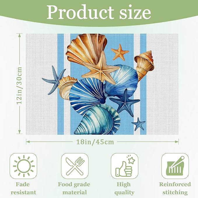 Sea Shell Starfish Placemats Set of 6, Washable Heat Resistant Table Mat Linen Place Mats for Party Kitchen Dining Home Decor 12x18 Inch