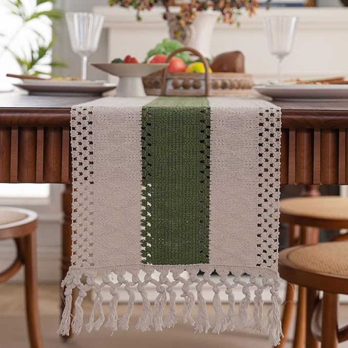 Niviy Dark Green Table Runner 72 Inches Long with Tassels, Seasonal Spring Summer Washable Embroidered Striped Braided Boho Table Runners for Holiday Party 12 x 72 Inches