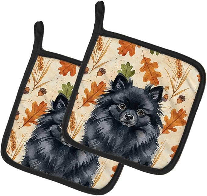 Caroline's Treasures Black Pomeranian Heirloom Fall Pair of Pot Holders Pair 7.5x7.5 Quilted Insulated Hot Pads Decorative Kitchen Gift Made in USA