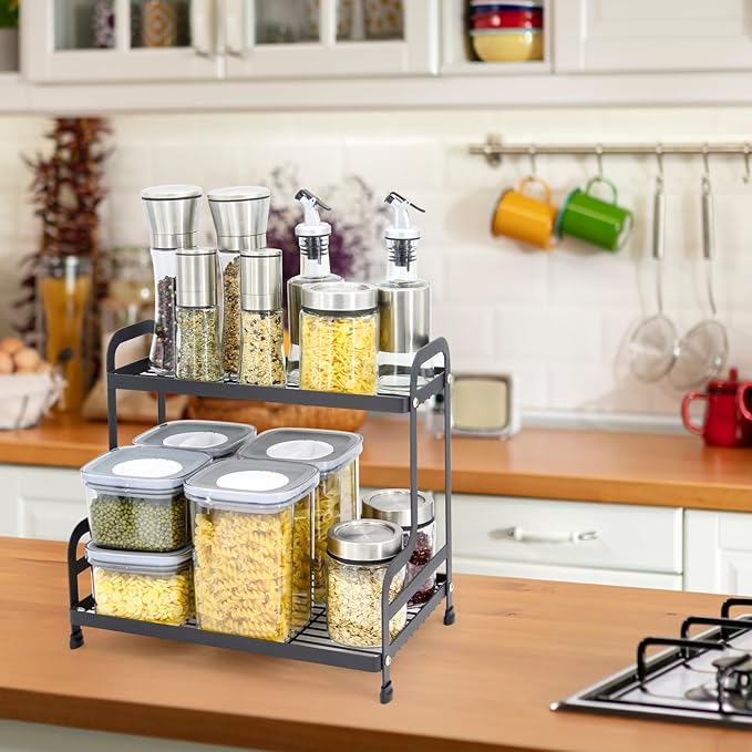 2-Tier Metal Countertop Organizer – Standing Shelf for Bathroom and Kitchen Storage Under Sink, Organizing Cosmetics and Spices-Black
