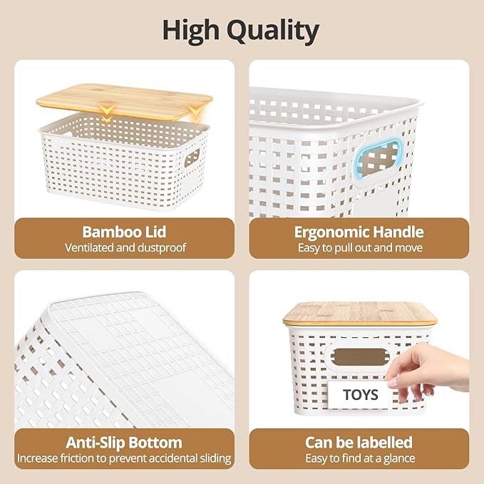 Plastic Storage Baskets with Bamboo Lids, Stackable Small Box Bins for Organizing and Containers for Shelves Drawers Desktop Closet Pantry Classroom Office Home, 6 Pack 10.2x7.2x4.1 Inch, White