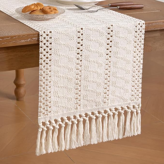 Socomi Boho Table Runner Macrame Long Easter Spring Farmhouse Woven Cotton Linen Rustic Coffee Table Runner with Tassels for Dresser Scarf Home Decor Dining Room 12x108 inch Cream Ivory