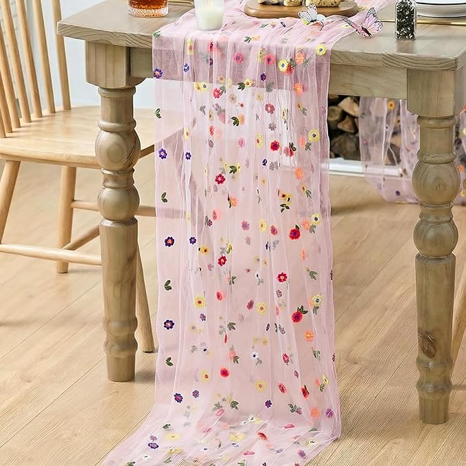 Artoid Mode Pink Embroidery Daisy Gauze Table Runner 120 Inch 10FT, Seasonal Sheer Kitchen Dining Holiday Wedding Birthday Table Decor for Home Party