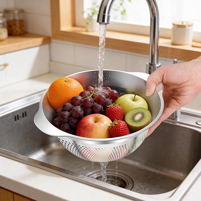 QCQHDU Stainless Steel Colander for Kitchen Pasta Rice Strainer for Spaghetti Fruit Vegetables Cooking Food, 3 Quarts Metal Mesh Stainless Steel Strainers and Colanders, Dishwasher Safe, 1 Pack