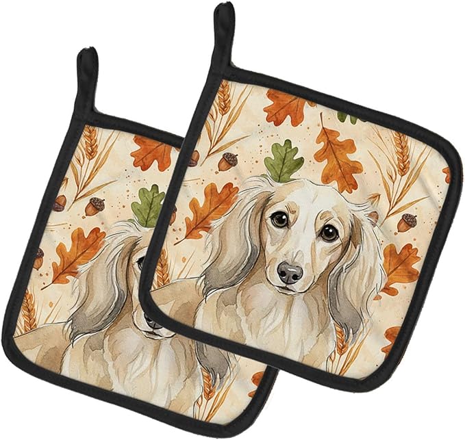 Caroline's Treasures Longhaired Cream Dachshund Heirloom Fall Pair of Pot Holders Pair 7.5x7.5 Quilted Insulated Hot Pads Decorative Kitchen Gift Made in USA