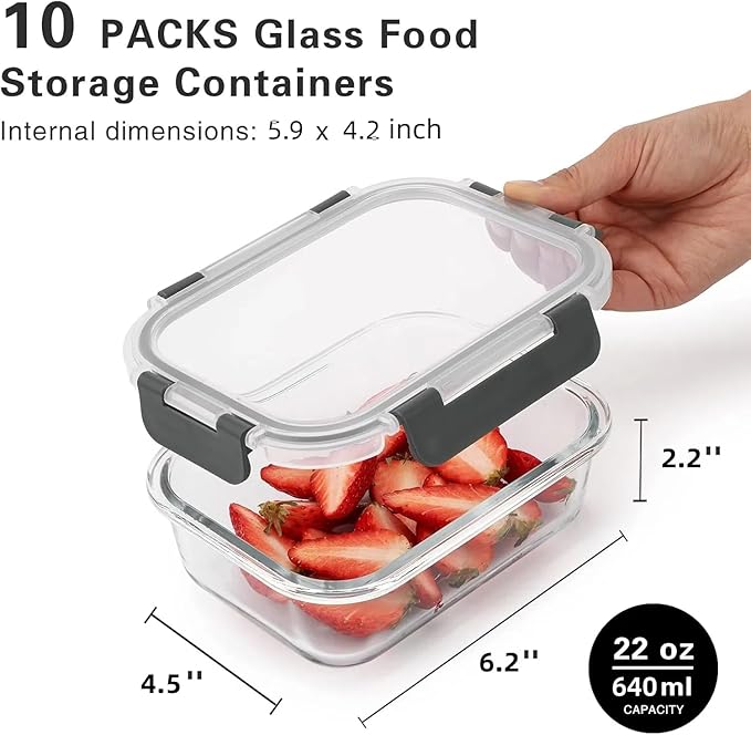 Cuiselect 10 Pack 22 Oz Glass Meal Prep Containers with Lids, Reusable Glass Food Storage Containers with Lids, Leak Proof, Microwave, Oven, Freezer and Dishwasher Safe (Gray)