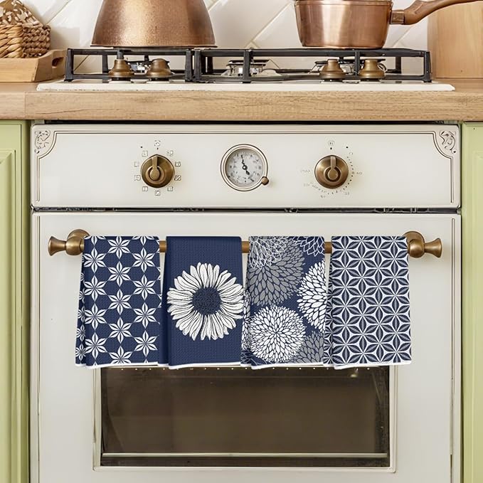 4 Pcs Blue Flower Artistic Kitchen Towels, Blue Flower Absorbent Tea Hand Towel, Microfiber Dish Cloths for Drying Dishes, Waffle Dish Towels for Kitchen Bathroom, Housewarming Gifts