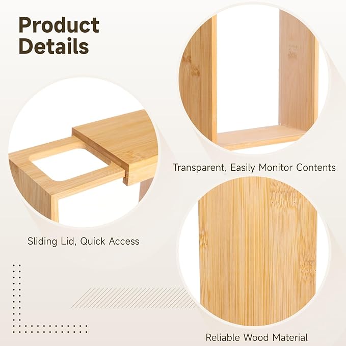 3 Pcs Wooden Cereal Storage Boxes, 8.7 x 6.8 x 3.1 in Dry Food Dispenser with Slide Lid, Visible Window, Wood Food Storage Container for Kitchen, Pantry Organization