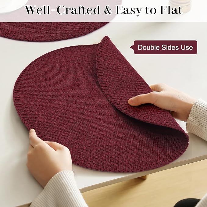 Round Placemats Set of 6, 15 Inch Linen Fabric Table Placemats, Heat Resistant, Wrinkle Free Washable Placemats Kitchen Place Mats Set of 6 for Dining Table Party Table (Wine Red, 6)