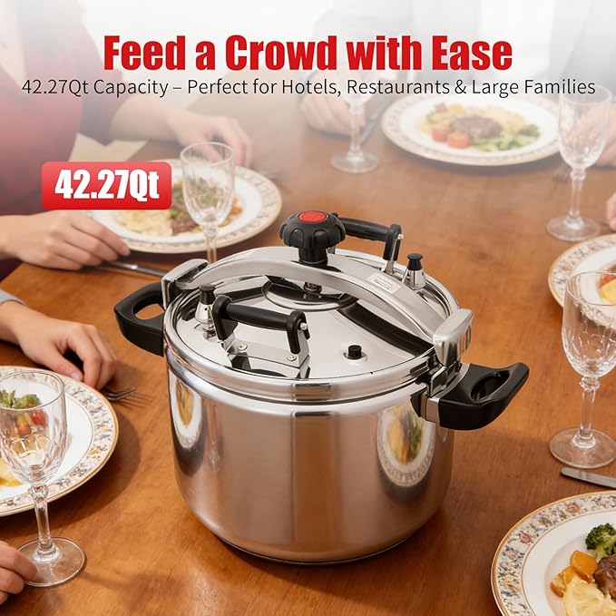 42.27 Qt Pressure Cooker, Stainless Steel Large Capacity Pressure Canner with Double Valves, Clamp On Type Commercial Pressure Stewing Pot for Hotels, Restaurants, Family (42.27 Qt)