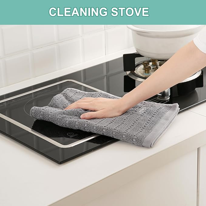 SALAS Kitchen Dish Towels, Bulk Cotton Kitchen Hand Towels, 390 GMS Plaid Dish Cloths Rags for Drying Dishes with Hanging Loop, 16‘’ x 26‘’, 3 Packs, Grey