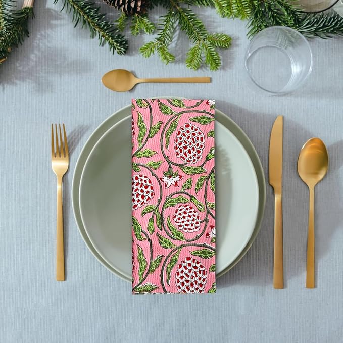 Ridhi Strawberry Pink Hand Block Print 100% Cotton Napkins 18" x 18" (Set of 4) Reuseable Kitchen Napkins Cloth Decor Dinner Party Wedding Cocktail Gift for Spring, Easter, Valentine