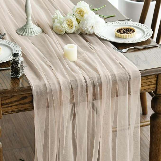 Artoid Mode 3PCS Peach Gauze Table Runner 120 Inch 10FT, Seasonal Sheer Kitchen Dining Holiday Wedding Birthday Baby Shower Table Decor for Home Party
