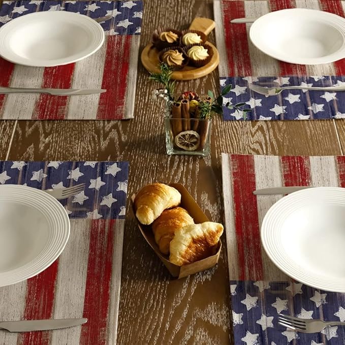 Bloss Patriotic 4th of July Placemats Set of 4, Memorial Day 12" x 18" Linen Table Mats for Party Kitchen Dining Decoration, Retro Vintage Independence Day Disposable Place Mats
