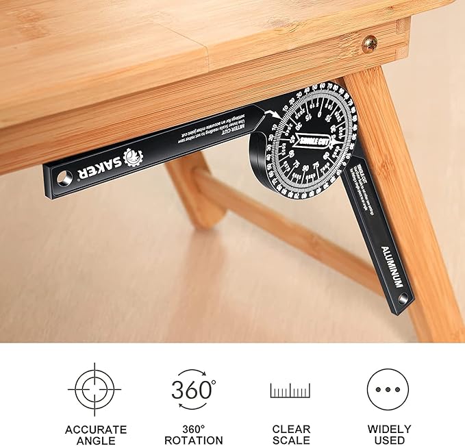 Saker Miter Saw Protractor|7-Inch Aluminum Protractor Angle Finder Featuring Precision Laser-Inside & Outside Miter Angle Finder for Carpenters, Plumbers and All Building Trades (Black)