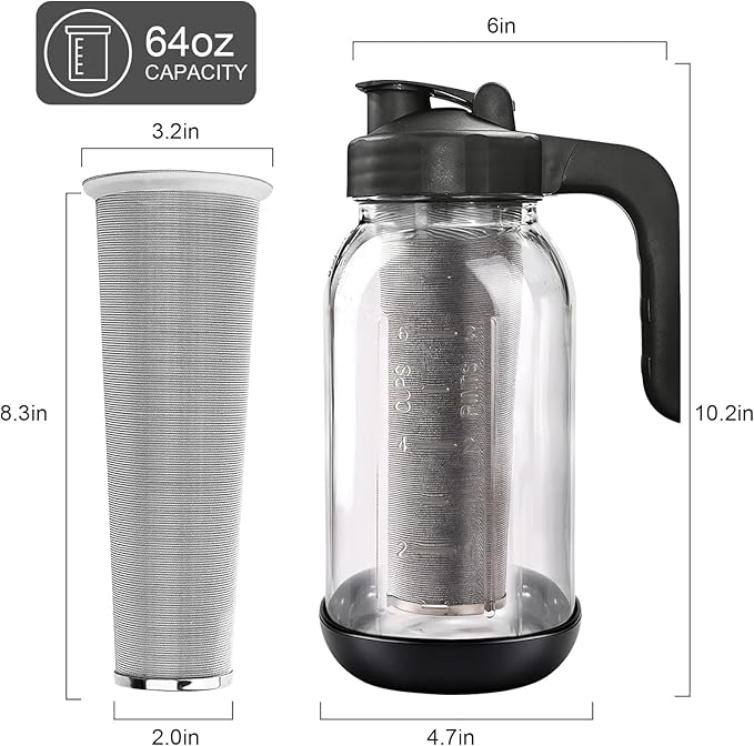 Cold Brew Coffee Maker,64 oz Mason Jar Pour Spout Lid, Coffee Carafe,Refillable Stainless Steel Filter,Non-slip Silicone Sleeve for Glass Pitcher, For Home Baristas & Coffee Enthusiasts