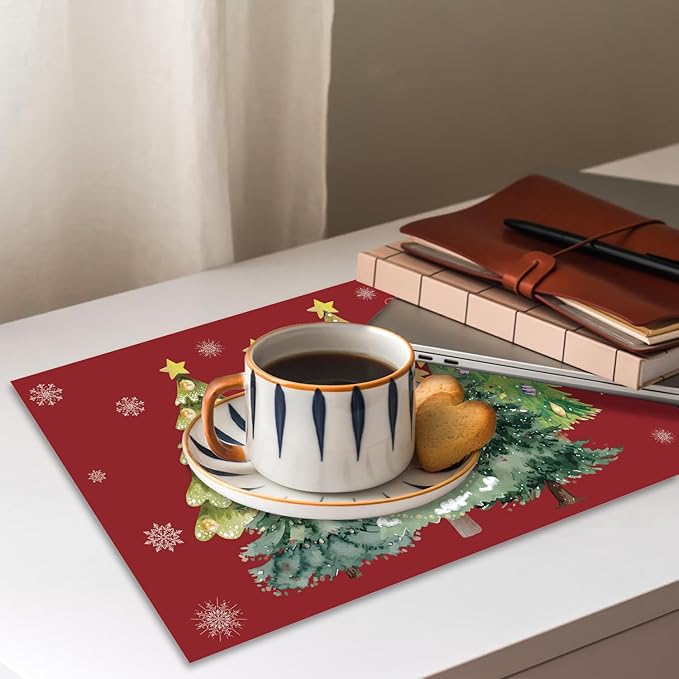 Christmas Tree Placemats Set of 4, Red Christmas Home Decor Rectangle Table Mats, Linen Fabric Placemat for Indoor & Outdoor Kitchen Dining Home Decor, 12 x 18 Inch -08