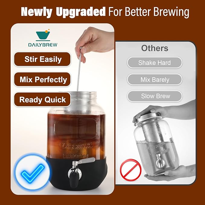 Cold Brew Coffee Maker, 1 Gallon Iced Coffee Maker With Stainless Steel Filter, Heavy Duty Glass Cold Brew Pitcher With Stainless Steel Spigot, Mason Jar Cold Brew Coffee Maker Fast Iced Tea Maker