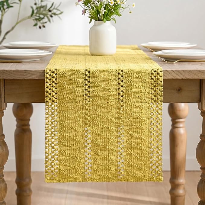 Artoid Mode Yellow Farmhouse Woven Rustic Hollow Table Runner, Seasonal Holiday Hollow Kitchen Dining Table Decoration for Home Party Decor 12x48 Inch