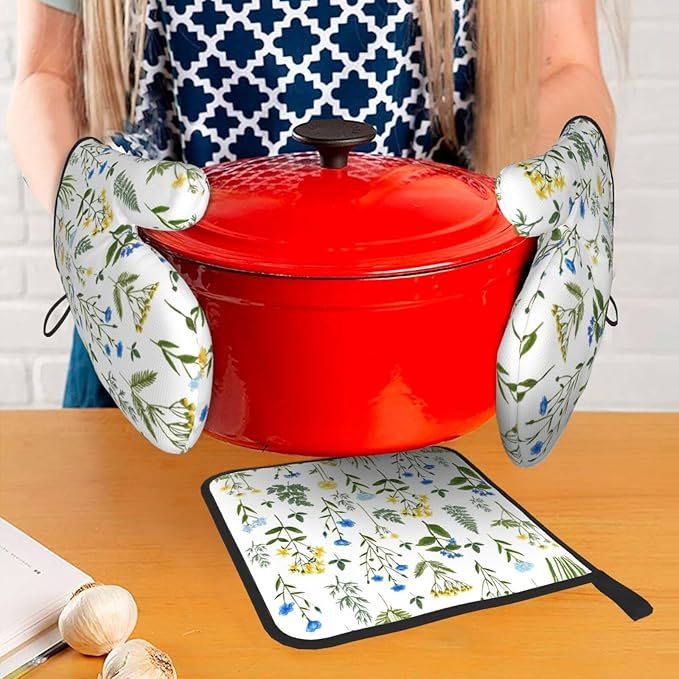 Blue Yellow Green Floral Oven Mitts & Pot Holders Sets of 3, Heat Resistant Sky Blue Teal White Flowers Kitchen Gloves and Hot Pads for Cooking Baking Grilling, Baking Gifts for Women, Kitchen Decor