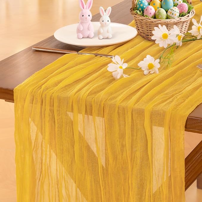 Socomi Gold Yellow Cheesecloth Table Runner Easter Spring Boho Rustic Gauze 120 inch 10FT Cheese Cloth Runner for Wedding Party Baby Shower Birthday Home Decor Holiday Decorations