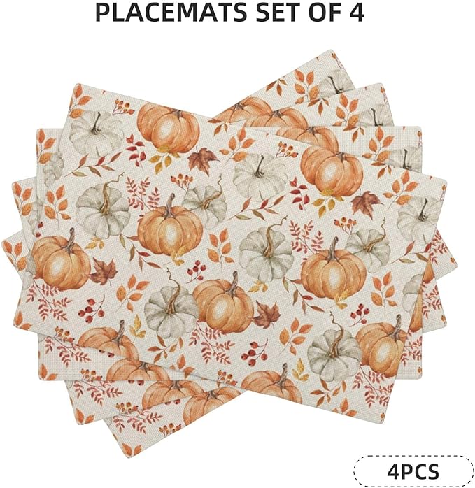Fall Placemats Set of 4 Orange Grey Pumpkin Leaves Floral Decor Place Mats 12x18 Inch Autumn Leaf Harvest Thanksgiving Decorative Linen Table Mats for Home Kitchen Dining Party Table Decoration
