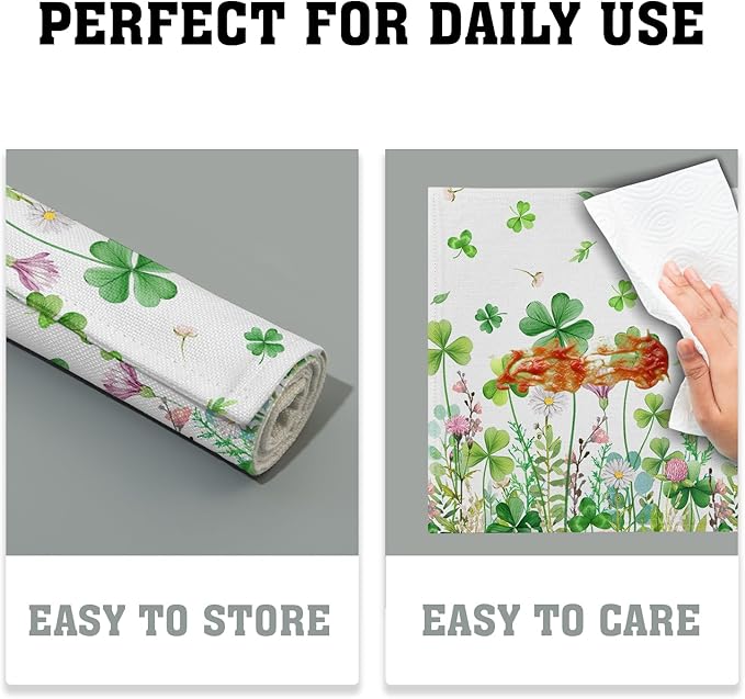 Green Shamrock Placemats Set of 4, 12 x 18 Inch Clover Lucky Floral Heat Resistant Linen Farmhouse Table Dining Place Mats for Seasonal Spring Kitchen Home Decor