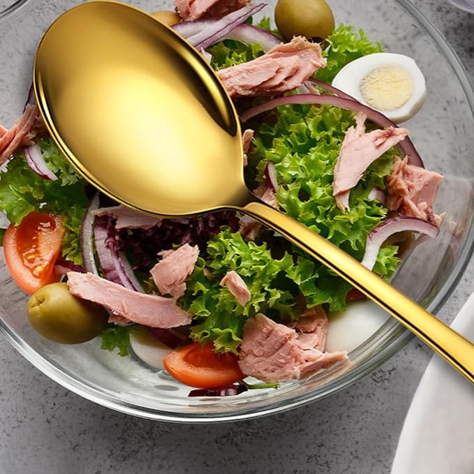 Stainless Steel Serving Spoons Set, 8pc, 10-Inch, Includes 8 Large Spoons, for Parties/Kitchen/Buffet/Catering, Dishwasher Safe, Gold