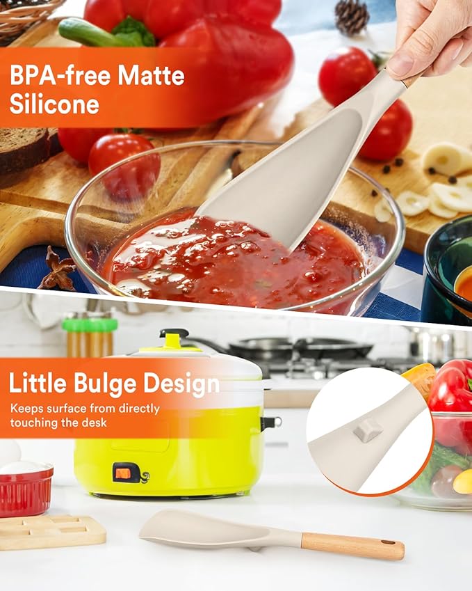 Cooking Spoon for Nonstick Cookwares, Great for Cooking and Serving Sturdy BPA-Free Matte Silicone, Wood Handle Spoon for Mixing, Scoop, and Scrape (2 Pack of Khaki, 11.4 inch)