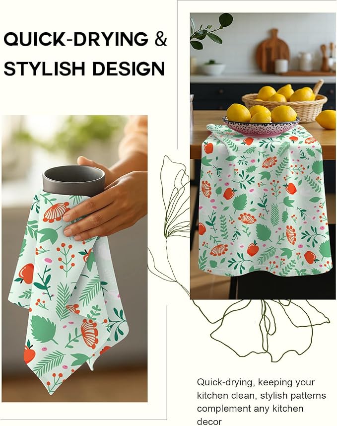 Miss Adola Flour Sack Kitchen Towels Set of 2-18x26 Cotton Dish Towels with Hanging Loop Reusable Tea Towel for Cleaning Spring Absorbent Dishcloths Cute Home Decor Housewarming, Green Leaf Fruit