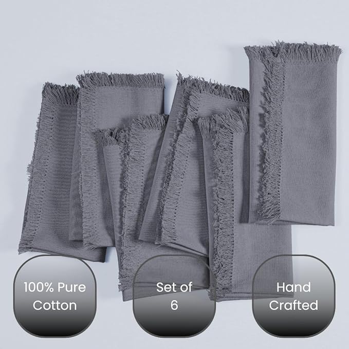 Cloth Dinner Napkins Fringes 100% Cotton Set of 6 - Perfect for Dining Special Occasions Wedding Holidays Christmas - Soft Durable Washable - Elegant 20x20 Inch Cloth Napkins Dark Grey