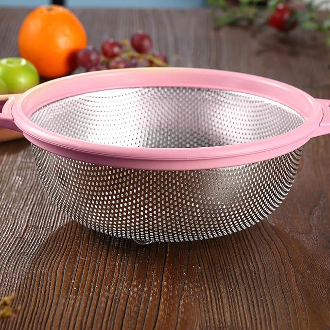 HiramWare Stainless Steel Colander With Handle and Legs, Large Metal Pink Strainer for Pasta, Spaghetti, Berry, Veggies, Fruits, Noodles, Salads, 5-quart 10.5” Kitchen Mesh Colander, Dishwasher Safe