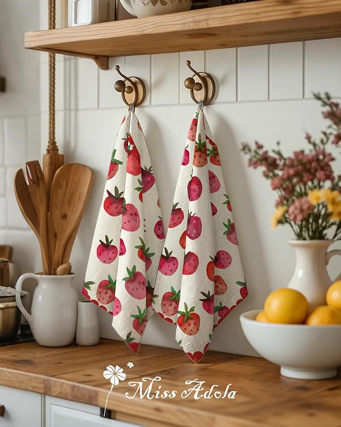 Miss Adola Flour Sack Kitchen Towels - Set of 2 Cotton Dish Towels with Hanging Loop Decorative 18x26 Inch Absorbent Cute Design for Housewarming Gifts, Strawberry