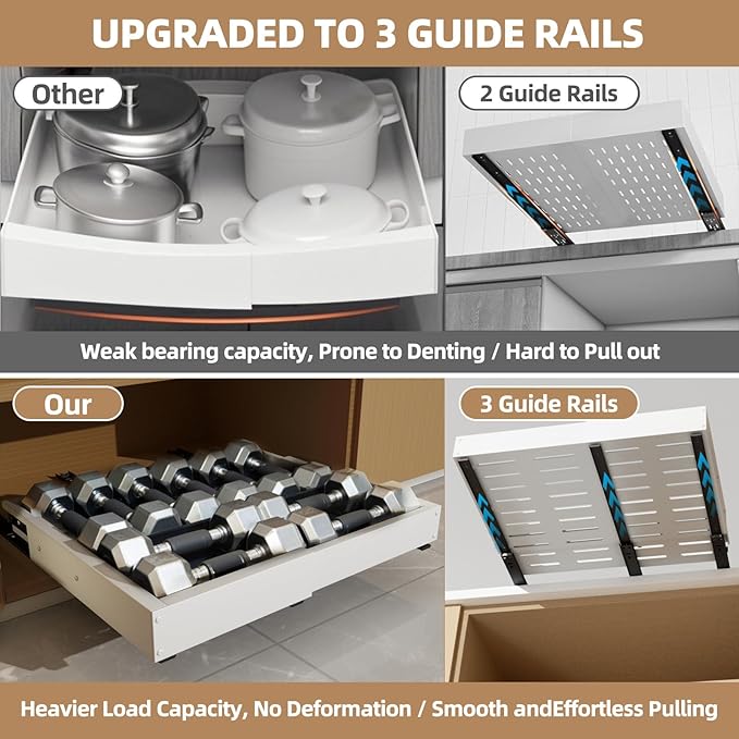 Expandable Pull Out Cabinet Organizer, Adjustable Width 12"-19" & Depth 16.5"-22", 4-Side Extension, 5 Slide Rails for Heavy Duty Use, Adhesive Roll Out Shelves for Kitchen Cabinets, White 1PCS