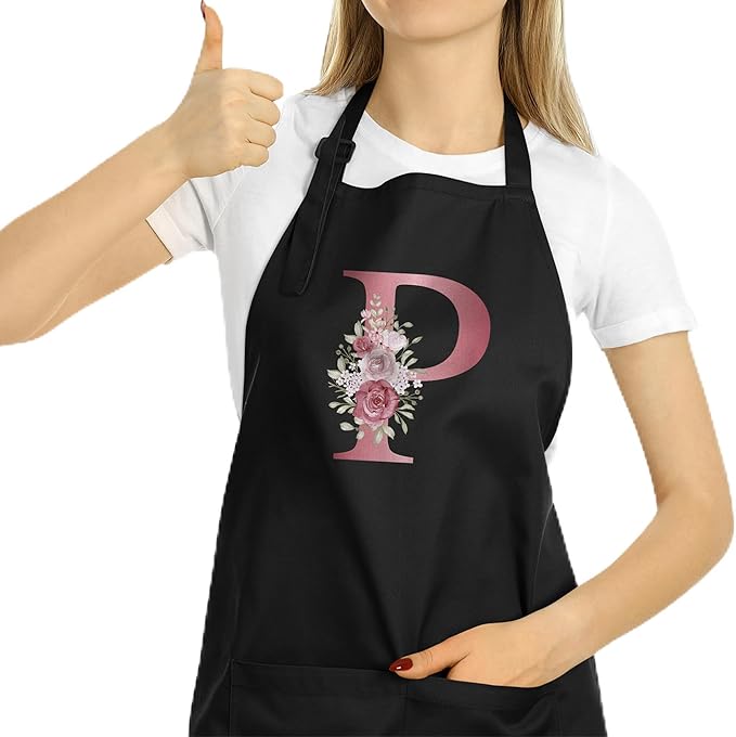 ROKO CLOTHING Personalized Initials Apron with Pockets Custom Kitchen Aprons Women for Baking Cooking Adjustable Neck Waist
